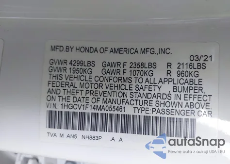 2021 Honda Accord Lx из США, поврежденный, VIN 1HGCV1F14MA055461